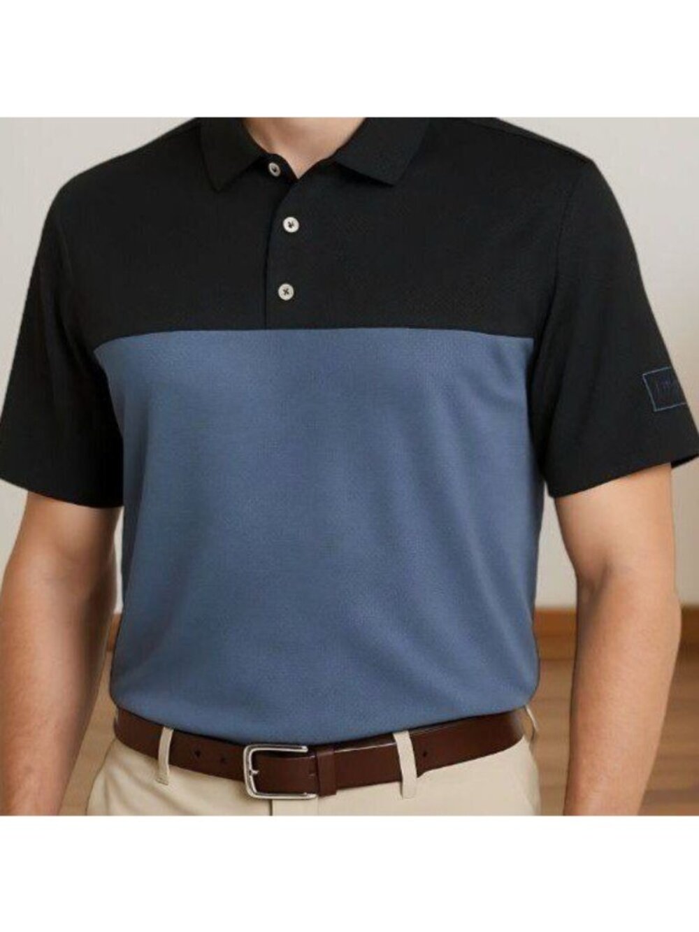 PGA Tour Mens Airflux Birdseye Block Print Golf Polo Shirt Caviar Size M NWT